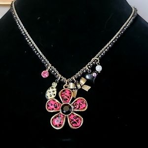 Vintage BETSEY JOHNSON Jungle Fever Pink Leopard Print Floral Charm Necklace.